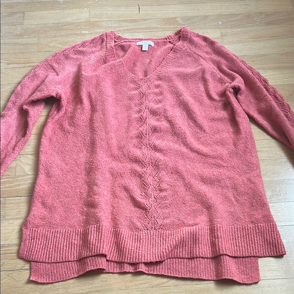 LC Lauren Conrad Pink V-Neck Sweater with Fuzzy Texture